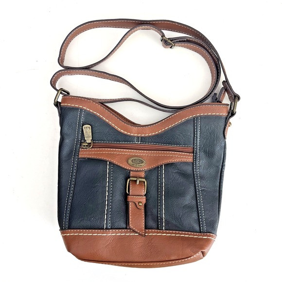 BOC Born Concepts Crossbody Bag Bucket Black Brown White Stitching Vegan Leather - Picture 1 of 8
